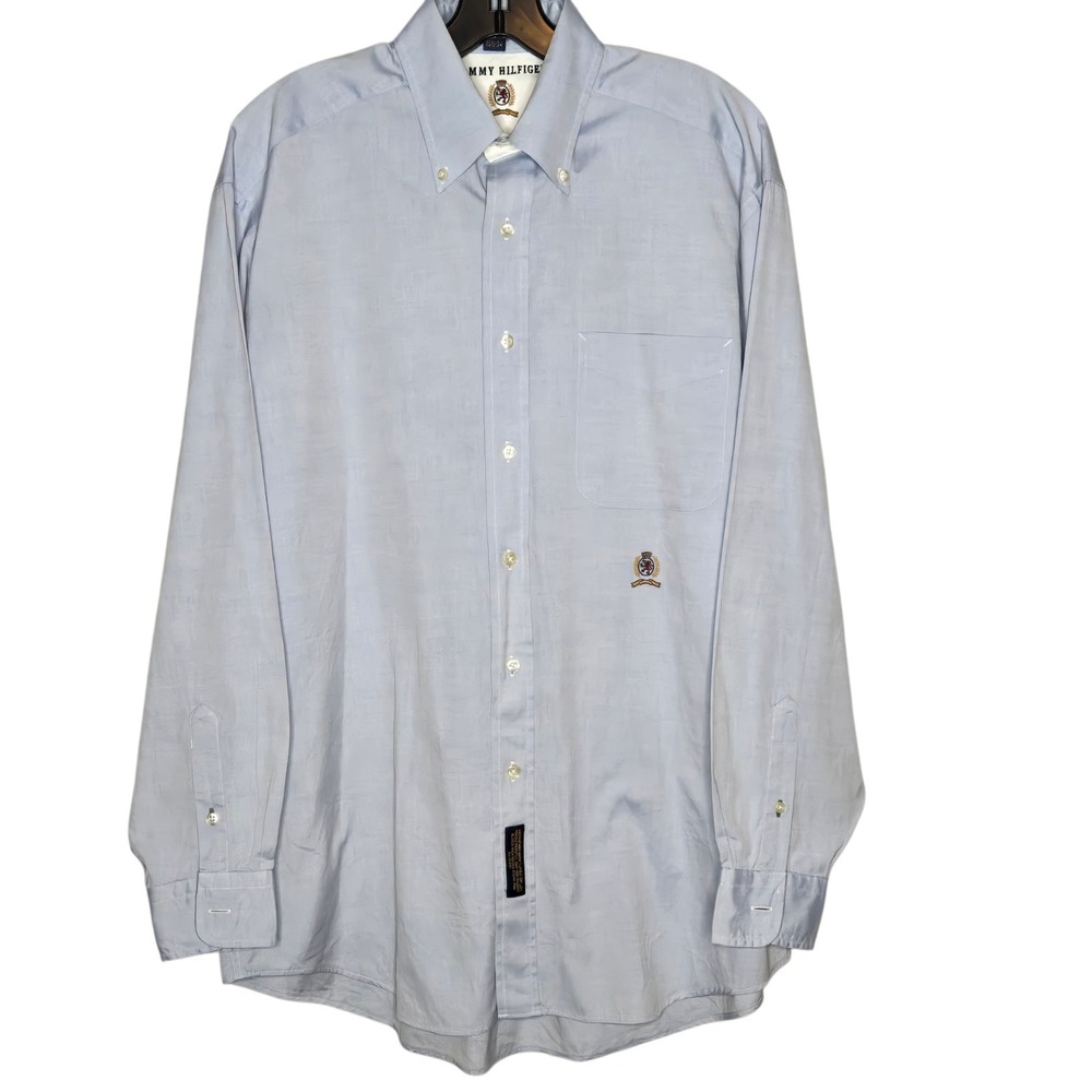 Vintage 90s Tommy Hilfiger Crest Oxford Shirt Blue Button Down 15.5 34 L Large